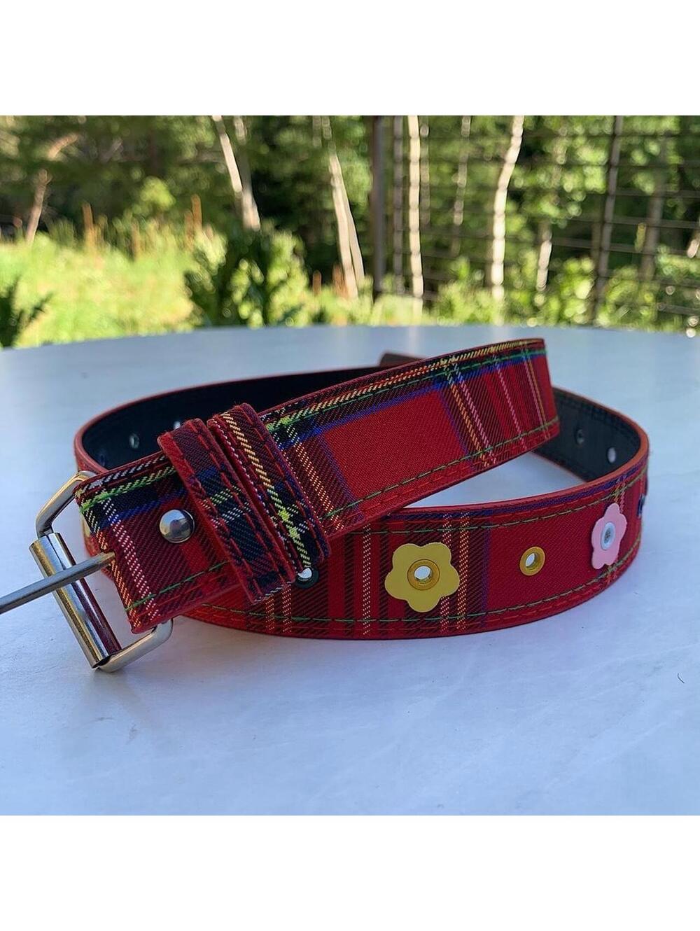 Colorful Plaid and Flower belt. Y2k style. 40 inches length - Picture 6 of 8